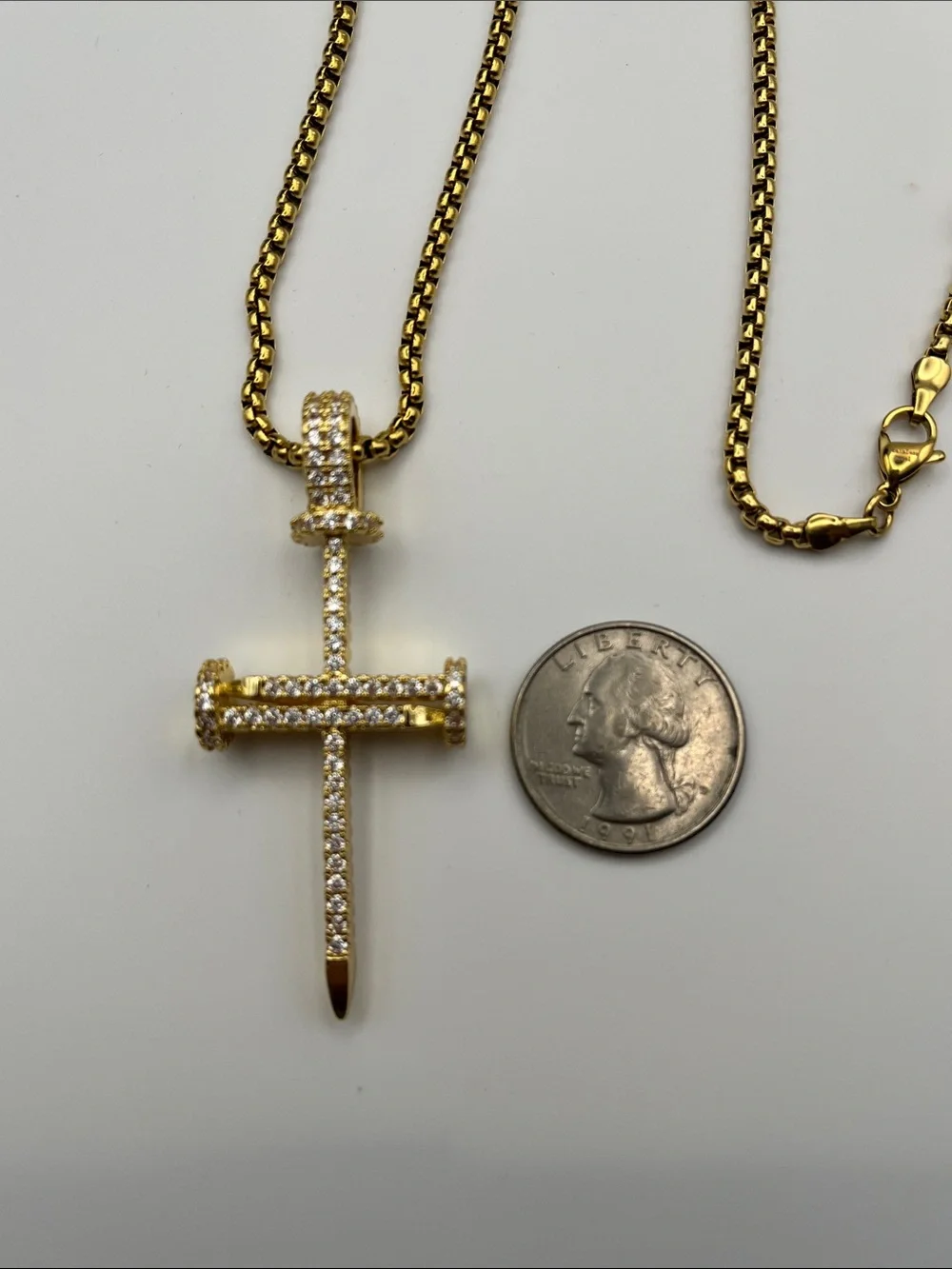 24”, Gold over Stainless Steel Crystal Nail Cross Pendant w/ Rollo Necklace